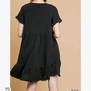Umgee mini black dress. Short Sleeve Round Neck Ruffle Trim with Frayed Edges.